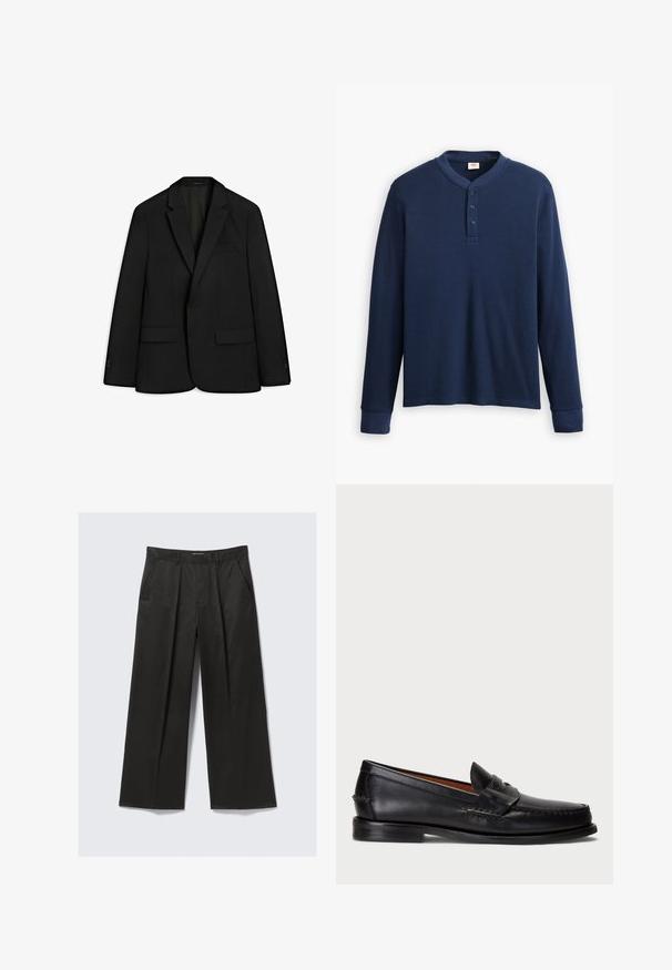 Černý blazer vyrobený z hladkého materiálu; má klopový límec, dvě přední kapsy a jedno zapínání na knoflík. Hladká textura a padnoucí střih.; Halenka s dlouhým rukávem v námořnické modré barvě, vyrobená z kotoučového materiálu. Má kulatý výstřih a zapínání na tři knoflíky. Manžety jsou přiléhavé.; Černé kalhoty s širokými nohavicemi a hladkým povrchem, které mají dvě přední kapsy a mírně zvýšený pas.; Černé kožené mokasíny s kulatou špičkou, prošívanými detaily a dekorativním páskem přes přední část. Plochá podrážka s minimálním profilem.