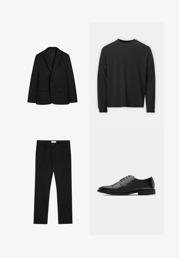 Czarna marynarka wykonana z gładkiego materiału; posiada klapę w kształcie litery V, dwie przednie kieszenie oraz zapięcie na jeden guzik. Gładka faktura i dopasowany krój.; Czarna koszulka z długim rękawem, wykonana z bawełny, z okrągłym dekoltem, luźnym krojem i ściągaczami na rękawach. Gładka tekstura bez widocznych wzorów.; Czarne jeansy straight-leg z pięcioma kieszeniami, zapięcie na guzik i zamek błyskawiczny oraz metka marki Pier One na pasku.; Czarne skórzane buty do garnituru z okrągłym noskiem, sznurowanym zapięciem, subtelnymi detalami przeszycia oraz niskim obcasem. Gładka faktura z polerowanym wykończeniem.