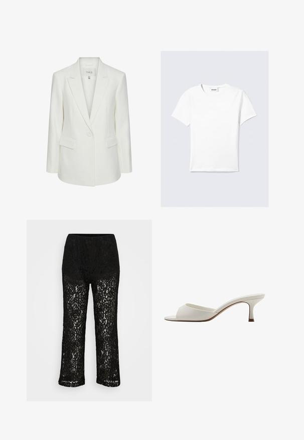 Valkoinen räätälöity bleiseri, jossa on läppäkaulus, yksittäinen nappikiinnitys ja kaksi etutaskua. Valmistettu sileästä, jämäkästä kankaasta.; Valkoinen, lyhythihainen puuvillainen t-paita, jossa on pyöreä pääntie ja suora helma. Minimalistinen muotoilu ilman näkyviä kuvioita tai koristeita.; Mustat pitsihousut leveillä lahkeilla, jossa on opakkia alusvaatetta, kukkakuosi ja joustava vyötärö tavallisella taustalla.; Valkoiset avonaiset korkeakorkoiset mulesit, joissa on sileä pinta, minimalistinen muotoilu ja hoikka korko, ja joissa on hienovarainen ruskea korostus pohjassa.