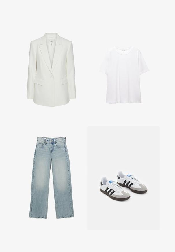 Biely sak so strihom, so špicatým golierom, jedným gombíkom a dvoma prednými vreckami. Vyrobený z hladkej, štruktúrovanej látky.; Jednoduché biele tričko vyrobené z bavlny s okrúhlym výstrihom, krátkymi rukávmi a voľným strihom. Hladká textura bez vzorov alebo akcentov.; Svetlomodré denimové nohavice s širokými nohavicami a vysokým pásom, s piatimi vreckami, gombíkovým zapínaním a jemným blednutím pre opotrebovaný efekt.; Športové topánky s bielym koženým zvrškom, šedou semišovou špičkou a tromi čiernymi pruhmi. Obsahujú modré logo na jazyku a štruktúrovanú gumovú podrážku.