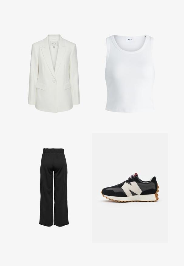 Valge koheline bleiser, millel on lõhiku krae, ühekordne nööbikäepide ja kaks esikot. Valmistatud siledast ja struktureeritud kangast.; Valge ribakujuline tank top, millel on ümmargune kaelus, varrukateta disain ja lühike pikkus. Silt ütleb "JJXX." Sile kangast tekstuur.; Mustad, laiad püksid elastse vöökohtaga, valmistatud siledast kangast. Omab lihtsat disaini, ilma taskute või nähtavate õmbluste detailideta.; Mustmust ja halli nubukist tennisajal on suur kreemjas "N" logo, lilla paelad ja tekstureeritud kummist välispohja.