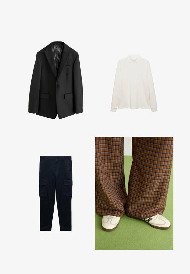 Next SLIM FIT TEXTURED STRIPE - Sako - black; Biely rolák s dlhým rukávom vyrobený z hladkej, jemnej tkaniny. Má priliehavý golier a manžety s voľnou siluetou tela. Minimalistický dizajn.; Námorníckomodré cargo nohavice vyrobené z bavlny, s bočnými vreckami, zipsovým vreckom a pútkami na opasok; rovný strih s manžetovými zakončeniami.; Hnedé a modré kárované nohavice s širokými nohavicami skombinované s bielymi topánkami s čiernymi akcentmi a textúrovanými podrážkami, umiestnené na zelenom pozadí.