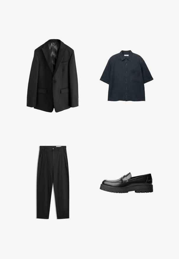 Next SLIM FIT TEXTURED STRIPE - Puvuntakki - black; Tummansininen lyhythihainen nappipaita, joka on valmistettu kevyestä kankaasta. Paidassa on rintatasku ja klassinen kaulusk design.; Mustat puuvillahousut rentoa mallia, joissa on klassinen vyötärö, etukangastukset ja sivutaskut. Sileä pinta ilman kuvioita.; Musta nahkainen loaferi, jossa on paksu urheilupohja ja koristeellinen hihna yläpääkkeellä, esitettynä vasemman sivuprofiilin kuvassa valkoista taustaa vasten.