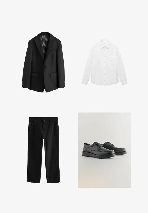 Next SLIM FIT TEXTURED STRIPE - Jakkesæt blazere - black; Mango ANTARES - Skjorter - white; Sorte bomuldsbukser med lige ben-design, der har en frontknaplukning, skrå sidelommer og subtile sydetaljer.; Sorte lædersko med struktureret overdel, rund tå, snørebåndsdesign og tykke gummisåler med et slidbanemønster.