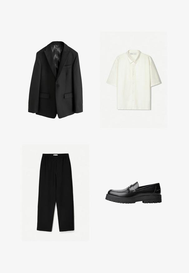 Next SLIM FIT TEXTURED STRIPE - Puvuntakki - black; Lyhythihaisessa nappipaidassa on off-white pellavaa. Siinä on klassinen kaulus, etunapit ja rento istuvuus. Minimalistinen muotoilu, jossa on hienovarainen tekstuuri.; Mustat, leveät lahkeet tehty kevyestä kankaasta. Ominaisuuksiin kuuluu joustava vyötärö ja sileä tekstuuri. Ei näkyviä kuvioita tai kiinnikkeitä.; Musta nahkainen loaferi, jossa on paksu urheilupohja ja koristeellinen hihna yläpääkkeellä, esitettynä vasemman sivuprofiilin kuvassa valkoista taustaa vasten.