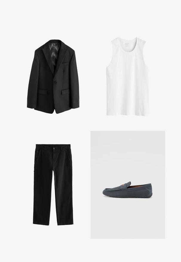 Next SLIM FIT TEXTURED STRIPE - Sacou de costum - black; Top alb fără mâneci, realizat din bumbac. Are un guler rotund și o margine dreaptă, cu un croi normal și fără modele sau embellishments.; Pantaloni negri din bumbac cu design drept, dotati cu inchidere cu nasture frontal, buzunare laterale înclinate și detalii subtile de cusătură.; Loaferi perforați gri, cu un design slip-on, având un accent portocaliu, vârful rotund și talpa din cauciuc texturat.