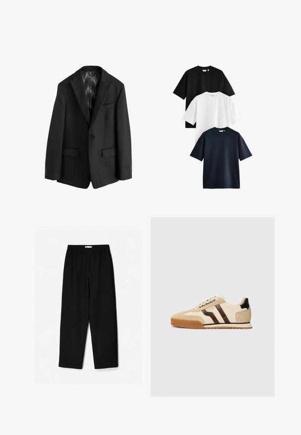 Next SLIM FIT TEXTURED STRIPE - Anzugsakko - black; Drei kurzärmlige T-Shirts übereinander gestapelt: eines in Schwarz, eines in Weiß und eines in Marineblau. Hergestellt aus Baumwolle mit Rundhals und lockerer Passform.; Schwarze, weit geschnittene Hose aus leichtem Stoff. Mit elastischem Bund und glatter Textur. Keine sichtbaren Muster oder Beschläge.; GANT BAYLLE - Sneaker low - sand