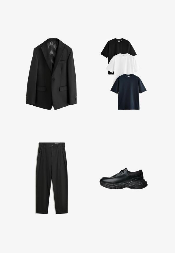 Next SLIM FIT TEXTURED STRIPE - Anzugsakko - black; Drei kurzärmlige T-Shirts übereinander gestapelt: eines in Schwarz, eines in Weiß und eines in Marineblau. Hergestellt aus Baumwolle mit Rundhals und lockerer Passform.; Schwarze Baumwollhose mit lockerem Schnitt, ausgestattet mit einem klassischen Bund, vorderen Falten und Seiten taschen. Glatte Textur ohne Muster.; Schwarze Leder-Slipper mit runder Spitze und dicker, strukturiertem Gummisohle. Besitzt dezente Nähte und elastische Akzente am Schaft.