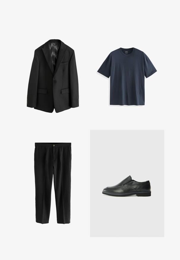 Next SLIM FIT TEXTURED STRIPE - Jakkesæt blazere - black; Marineblå bomulds t-shirt med rund hals, korte ærmer og en afslappet pasform. Glat tekstur uden synlige mønstre eller detaljer.; Sorte bukser lavet af letvægtsstof, med et lige ben-design, plisseret front og en enkelt knaplukning i taljen.; Sorte læder slip-on sko med en glat overdel, syede detaljer, rund tå og en lav gummihæl. Sålen har minimal profil.