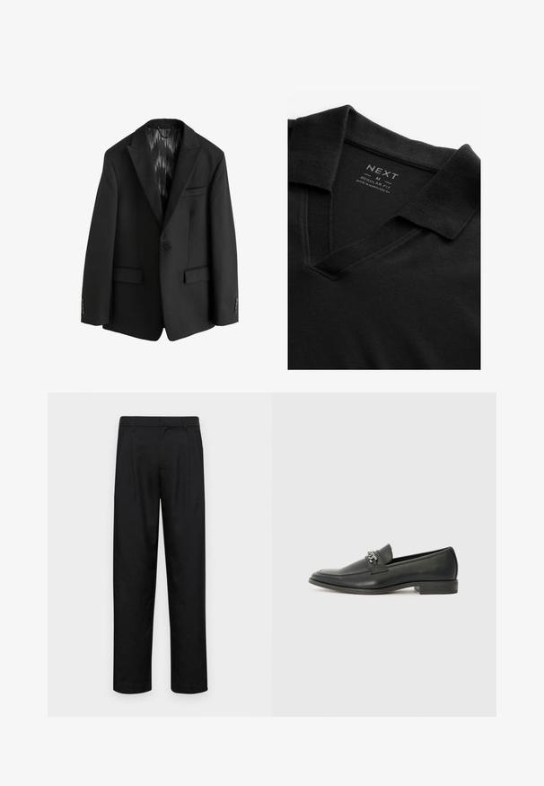 Next SLIM FIT TEXTURED STRIPE - Anzugsakko - black; Schwarzes Polohemd mit V-Ausschnitt und strukturiertem Stoff. Verfügt über einen umgeschlagenen Kragen und ein Etikett mit Marken- und Größeninformationen. Reguläre Passform.; Schwarze Hose aus glattem Stoff, mit geradem Bein Design, zwei vorderen Falten und einem Standardbund mit Gürtelschlaufen.; Schwarzer Lederloafer mit glatter Oberfläche, ausgestattet mit einer gesteppten Gestaltung und einem dekorativen Metallkettendetail über dem Vorderblatt. Flacher Absatz.
