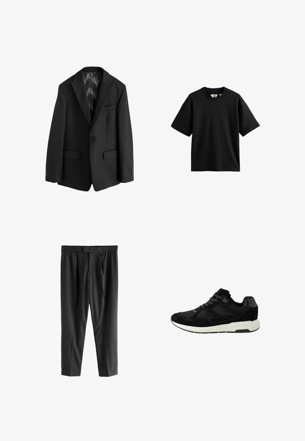 Next SLIM FIT TEXTURED STRIPE - Giacca elegante - black; T-shirt nera a maniche corte realizzata in cotone morbido, con collo a giro e vestibilità rilassata, senza motivi o dettagli visibili.; Next REGULAR FIT -CHECK SMART - Chino - black; Scarpa atletica nera in suede e mesh, con punta rotonda, chiusura con lacci e suola in gomma bianca con dettagli testurizzati.