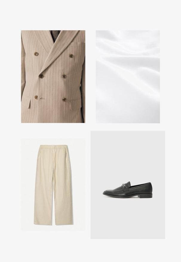 Beżowa marynarka dwurzędowa w delikatne pionowe paski, z drewnianymi guzikami, kieszenią na piersi i teksturowanym materiałem.; Biała tkanina o gładkiej fakturze, ukazująca zagniecenia i subtelny połysk, co wskazuje na lekki i miękki materiał.; Beżowe lniane spodnie z szerokimi nogawkami, z elastycznym paskiem w talii i bocznymi kieszeniami. Materiał ma teksturowane, naturalne wykończenie.; Czarne skórzane mokasyny o gładkim wykończeniu, z haftowanym wzorem i dekoracyjnym akcentem z metalowego łańcucha na wierzchu. Płaska pięta.