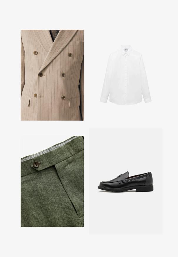Sacou bej cu două rânduri de nasturi, având dungi verticale fine, butoni din lemn, un buzunar pe piept și țesătură texturată.; Cămașă albă cu mâneci lungi dintr-un material neted, având un guler clasic, închidere cu butoane și un tiv curbat. Design minimalist, fără modele.; Pantaloni din in de culoare verde măslin, cu pliu frontal, dotati cu închidere cu nasture și căptușeală cu un model în carouri contrastant la talie.; Mocasini negri din material sintetic, cu un vârf cusut proeminent, interior căptușit și talpă plată din cauciuc; design elegant cu detalii minime.