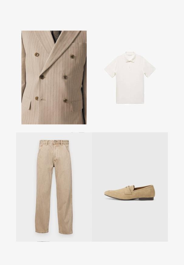 Bežna dvoredna jakna od odela z drobnimi navpičnimi črtami, z lesenimi gumbi, prsnim žepom in teksturirano tkanino.; Bela kratka polo majica s klasik ovratnikom, opremljena s placketom s tremi gumbi in teksturiranim dizajnom tkanine.; Beige jeans iz džinsa s ravnim nogavicama, ki imajo sprednje žepe, kovinsko zapiranje in subtilno teksturo.; Bež semišne mokasine z rahlim sijajem, zaokroženim nosom, enostavnim obuvanjem in nizkim smešnim petam. Nežna podrobnost šivanja.