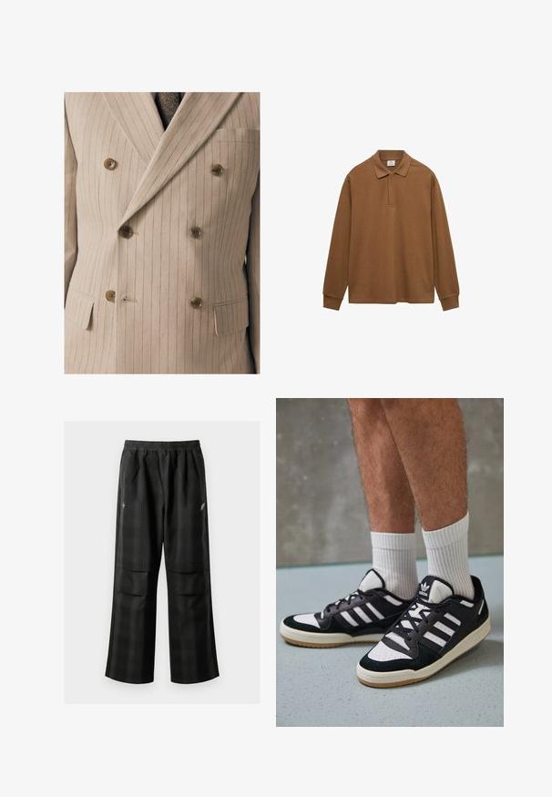 Giacca da abito beige doppiopetto con fini righe verticali, dotata di bottoni in legno, taschino sul petto e tessuto testurizzato.; Polo shirt marrone a maniche lunghe realizzato in cotone, con colletto, pattina con bottoni e polsini a costine; texture liscia e vestibilità rilassata.; Pantaloni a quadri neri con vita elasticizzata, due tasche frontali e una vestibilità ampia con design a gamba dritta. Realizzati in materiale leggero.; Sneaker bianco e nero con tomaia in suede e pelle, caratterizzati da tre strisce bianche, punta perforata e suola in gomma naturale.