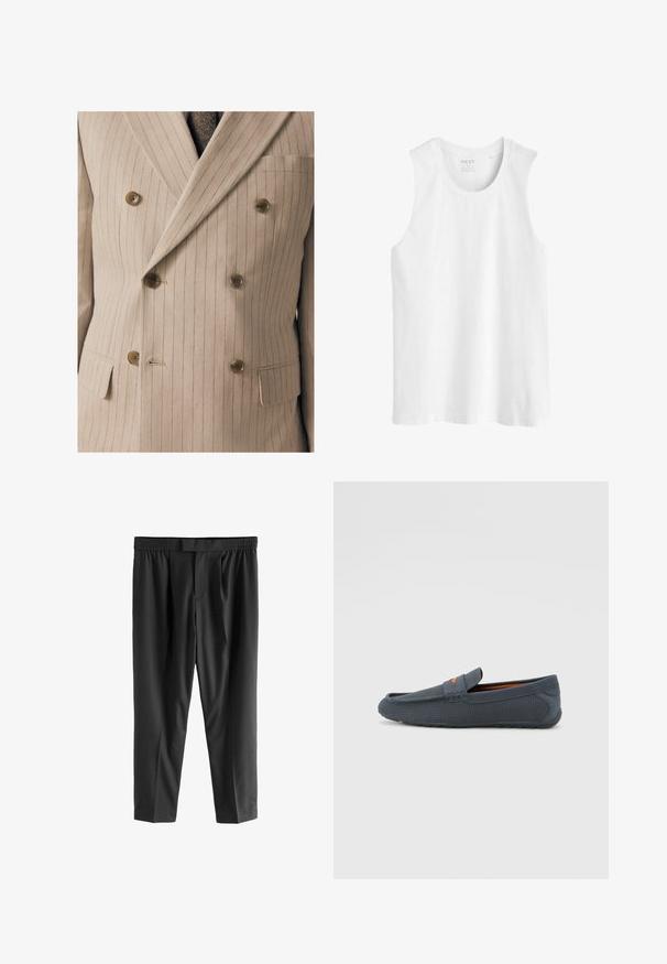 Beige dvojradový oblekový sak s jemnými vertikálnymi pruhmi, s drevenými gombíkmi, náprsním vreckom a textúrovanou tkaninou.; Biely bezrukávový top z bavlny. Obsahuje okrúhly výstrih a rovný lem s bežným strihom, bez vzorov alebo ozdôb.; Next REGULAR FIT -CHECK SMART - Nohavice chinos - black; Šedé perforované mokasíny s nazúvací konštrukciou, so zářivým oranžovým akcentom, zaoblenou špičkou a textúrovanou gumovou podrážkou.