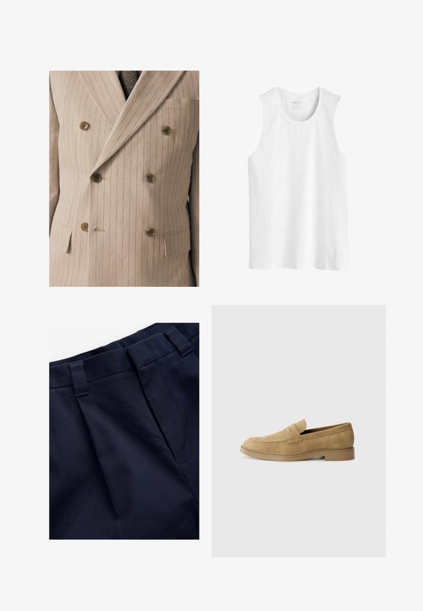 Šviesiai rudas dvigubos krūtinės kostiumo švarkas su smulkiomis vertikaliomis juostelėmis, mediniais mygtukais, krūtine kišene ir tekstūruotu audiniu.; Balta be rankovių palaidinė, pagaminta iš medvilnės. Charakterizuojama apvaliu iškirpimu ir tiesiu šonu, su įprasta forma, be raštų ar papuošimų.; Jūrų laivyno klostuoti kelnių su lygiu, tekstūruotu audiniu. Fasonas su plokščiu juosmeniu ir diržo kilputėmis, sukurtas komfortui ir tinkamumui.; Smėliniai odiniai loaferiai su apvaliu pirštu, žemu blokuoto kulno ir siūlėmis ant viršutinės dalies. Lygi tekstūra ir minimalistiškas dizainas.