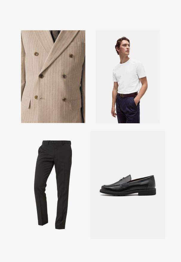 Beige double-breasted suit jacket with fine vertical stripes, featuring wooden buttons, a chest pocket, and textured fabric.; White cotton t-shirt with a round neckline worn with navy pleated trousers and a brown leather belt featuring a gold buckle.; Next Trousers - Suit Trousers Slim Fit - Suit trousers - mottled black; Black synthetic loafers with a prominent stitched front, cushioned insole, and flat rubber outsole; sleek design with minimal detailing.