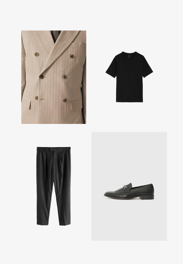 Beige Doppelreiher-Sakko mit feinen vertikalen Streifen, Holzknöpfen, einer Brusttasche und strukturiertem Stoff.; Schwarzes T-Shirt aus Baumwolle, mit klassischem Rundhalsausschnitt, kurzen Ärmeln und geradem Saum. Keine Muster oder Grafiken vorhanden.; Next REGULAR FIT -CHECK SMART - Chino - black; Schwarzer Lederloafer mit glatter Oberfläche, ausgestattet mit einer gesteppten Gestaltung und einem dekorativen Metallkettendetail über dem Vorderblatt. Flacher Absatz.