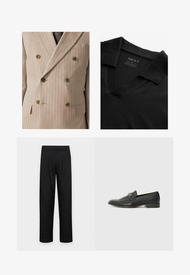 Šviesiai rudas dvigubos krūtinės kostiumo švarkas su smulkiomis vertikaliomis juostelėmis, mediniais mygtukais, krūtine kišene ir tekstūruotu audiniu.; Juodas polo marškinėliai su V formos iškirpte ir tekstūruota medžiaga. Turintys nusilenkiantį apykaklę ir etiketę su prekės ženklu ir dydžio informacija. Įprasto kirpimo.; Juodi kelnių modeliai, pagaminti iš lygios medžiagos, turi tiesią kojas, du priekiniai klostės ir standartinę juosmenį su diržo kilpomis.; Juodos odinės loafer tipo bateliai su lygiu paviršiumi, turintys siuvinėtą dizainą ir dekoratyvų metalo grandinėlės akcentą ant batų viršaus. Plokščias kulnas.