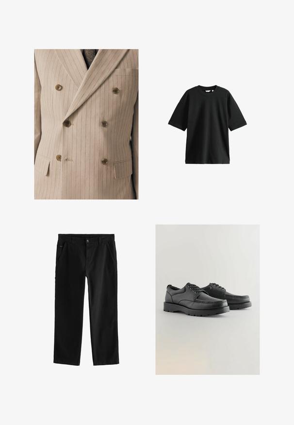 Beige kaksirivinen puku takki, jossa on hienot pystyraidat, puunappulat, rintatasku ja teksturoitu kangas.; Mustapaita, jossa on lyhyet hihat, valmistettu puuvillasta. Paidan kaulus on pyöreä ja se on löysä malli, jolla on pehmeä tekstuuri ja vähäiset yksityiskohdat.; Mustat puuvillahousut suoralla lahkeella, joissa on etu-napitus, viistot sivutaskut ja hienovaraiset ompeluyksityiskohdat.; Mustat nahkakengät, joissa on teksturoitu pinta, pyöreä kärki, nauhakiinnitys ja paksut kumipohjat, joissa on kuvio.