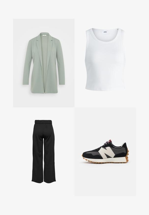 Blazer verde-claro feito de tecido macio. Apresenta um colarinho de lapela, abertura frontal e mangas longas. Design minimalista sem embellishments.; Top curto branco com nervuras, apresentando um decote redondo, design sem mangas e um comprimento cropped. Rótulo lê "JJXX." Textura de tecido suave.; Calças largas e pretas com uma cinta elástica, feitas de um tecido suave. Apresentam um design limpo, sem bolsos ou detalhes de costura visíveis.; Sneaker em camurça preta e cinza com um grande logótipo "N" creme, cordões roxos e uma sola de borracha texturizada em cor de goma.