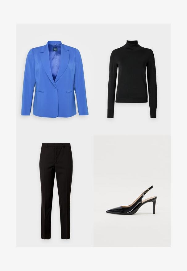 Blå blazer i slätt tyg med en knappknäppning, två framfickor och en strukturerad krage. Enkel, modern design.; Svart långärmad polotröja med ribbade muddar och nederkant, visad mot en enkel vit bakgrund.; Svarta skräddarsydda byxor med rak bendesign, tillverkade av slät tyg, med flat front och bältesöglor. Inga synliga mönster eller detaljer.; Svart patenterat läder slingback pumps med spetsig tå, smal klack och en subtil utskärning. Har en guldbuckle på remmen.
