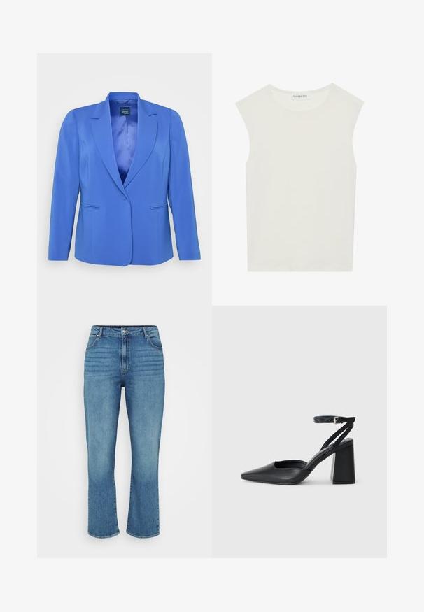 Mėlynas švarkas, pagamintas iš lygaus audinio, su vienu mygtuku, dviem priekinėmis kišenėmis ir formuotu apykakle. Paprastas, modernus dizainas.; Balta be rankovių palaidinė su apvaliu kaklu. Pagaminta iš lygios medžiagos, ji turi laisvą siluetą ir minimalistinį dizainą. Be raštų ar akcentų.; Šviesiai mėlynos džinsinės kelnės su tiesiu kojų kirpimu, turinčios penkias kišenes, diržo kilpas ir subtiliai išblukusius priekinius šonus.; Juoda odinė smailiagalė aukštakulnio bateliai su kulkšnies dirželiu ir storu kulnu. Lygus paviršius, elegantiškas dizainas ir minimalistiška estetinė.