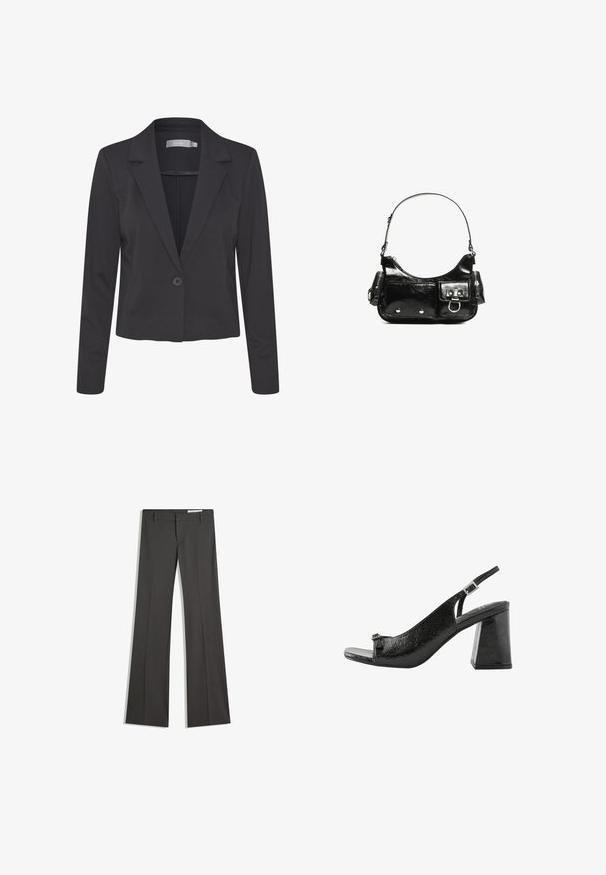 Musta räätälöity bleiseri, joka on valmistettu sileästä kankaasta. Siinä on lovettu kaulus, yksinkertainen nappikiinnitys ja pitkät hihat.; Musta hihaton paita, jossa on V-pääntie, jota koristelee pitsi kaula-aukon ympärillä ja erottuva kellotettu helma. Valmistettu pehmeästä, sileästä kankaasta.; Harmaat leveät housut sileästä kankaasta, joissa on litteä etuosa, vyölenkit ja räätälöity muotoilu siisteillä linjoilla.; Next Sandaalit nilkkaremmillä - black; Mustekko mustasta kiiltonahasta valmistettu käsilaukku, jossa on kaareva muoto, yksi olkahihna, etutaskut ja hopeanväriset yksityiskohdat.