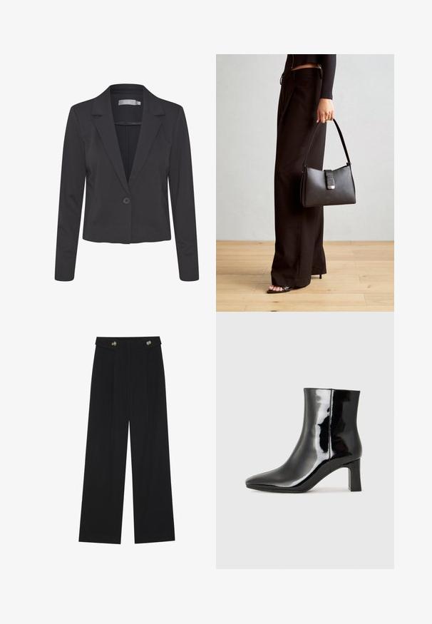 Černý upravený blazer vyrobený z hladké tkaniny, s klopovým límcem, zapínáním na jeden knoflík a dlouhými rukávy.; Dvě dlouhé rukávy, jedna černá a jedna bílá, obě s čtvercovým výstřihem a vyrobené z měkké a elastické látky.; Černé široké kalhoty s vysokým pasem, detailní knoflíky na pase a přední záhyby.; Černé lakované kotníkové boty s špičatou špičkou a středně vysokým blokovým podpatkem. Hladká textura a minimalistický design.; Černá kabelka se strukturovaným tvarem, hladkým povrchem a kovovým uzávěrem. Kombinována s širokými černými kalhotami a sandály s otevřenou špičkou na dřevěné podlaze.