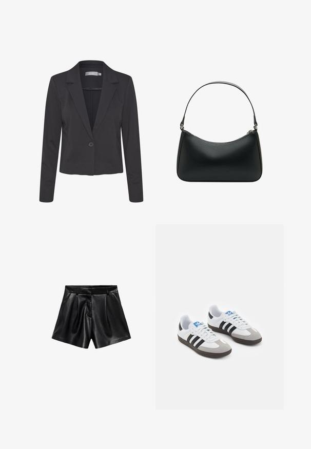 Musta räätälöity bleiseri, joka on valmistettu sileästä kankaasta. Siinä on lovettu kaulus, yksinkertainen nappikiinnitys ja pitkät hihat.; Kaksi toppeja, yksi valkoinen ja yksi musta, jotka on valmistettu pehmeästä puuvillasta. Molemmissa on ohutolkaimet ja yksinkertainen, sileä muotoilu.; Mustat nahkahousut, joissa on korkea vyötärö, etupuolelle taitteet ja sivutaskut. Sujuva rakenne kiiltävällä pinnalla.; Urheilukengät, joissa on valkoinen nahkainen päällinen, harmaa mokkanokka ja kolme mustaa raitaa. Ominaisuuksina sininen logo kielekkeessä ja kuvioitu kumipohja.; Mustat nahkaolkalaukku, jossa on kaareva muoto, yksittäinen litteä hihna ja yläosan vetoketjukiinnitys. Tasainen pinta, jossa on minimaalinen metalliosien määrä.