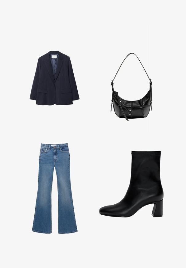 Mornarica prugasta blazer s dva prednja džepa, rever kragnom i bez dugmadi. Glatka satenasta podstava i strukturirani dizajn ramena.; Svjetloplavi džemper od mekog materijala, s okruglim izrezom, dugim rukavima i rebrastim manžetama i rubom. Glatka tekstura, ležeran dizajn.; Plave traperice s lepršavim nogavicama, s prednjim i stražnjim džepovima, petljama za remen i zatvaranjem na dugme, položene ravno na bijeloj pozadini.; Crne gležnjače od glatke kože. Imaju kvadratni vrh, elastični gornji dio i masivnu petu za stabilnost. Minimalistički dizajn.; Crna kožna torba preko ramena s zakrivljenim oblikom, ukrašena srebrnim zakovicama i detaljima šavova. Podesiva traka za svestranost.