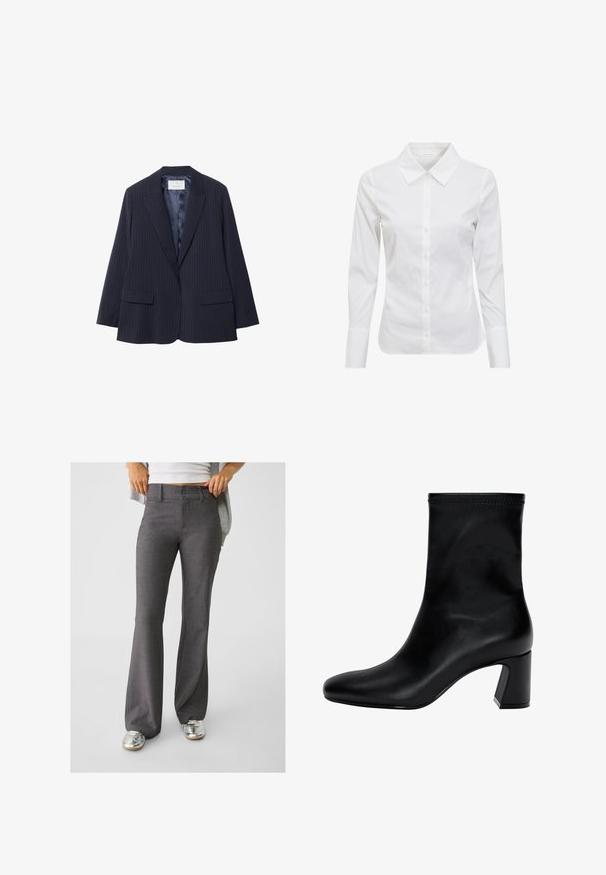 Marineblauer, gestreifter Blazer mit zwei Vordertaschen, Reverskragen und knopflosem Design. Glatte Satinauskleidung und strukturierter Schulterdesign.; Weißes Langarmhemd mit klassischem Kragen, Knopfleiste und glattem Baumwollstoff. Minimalistisches Design, ohne Muster oder Akzente.; Graue, ausgestellte Hosen aus strukturiertem Stoff, mit einer Zwei-Knopf-Verschluss und Gürtelschlaufen, kombiniert mit glänzenden silbernen Sneakers.; Schwarzer Knöchelstiefel aus glattem Leder. Mit quadrater Zehenpartie, elastischem Schaft und einem stabilen Blockabsatz. Minimalistisches Design.
