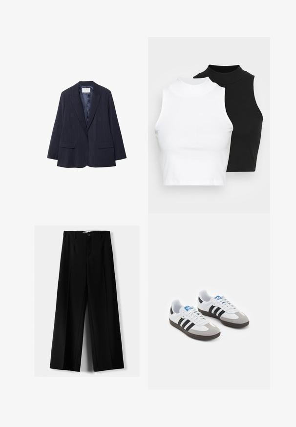 Marinblå blazerväst med förstärkta stripes, två framfickor, snedskuren krage och knapplös design. Slät satinform och strukturerad axeldesign.; Två ärmlösa ribbade polotröjor i svart och vitt, med en figursydd design och slät textur, i en kortad längd.; Svarta vida byxor i lätt material, med knappstängning fram och platt front, samt väl sydda fållar.; Sportskor med överdel i vit läder, grå mocka på tårna och tre svarta ränder. Har en blå logotyp på tungan och en texturerad gummisula.