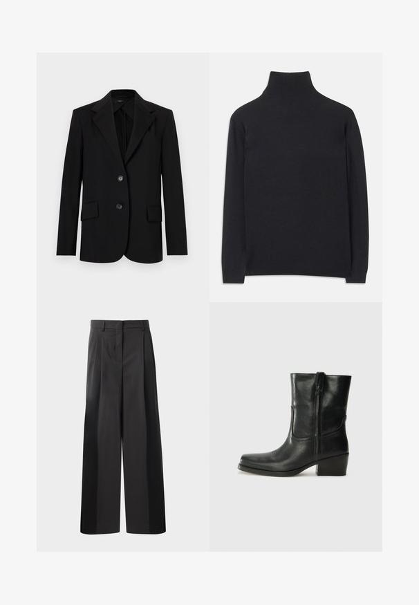 Musta bleiseri, jossa on rakenteellinen muotoilu, lovetut kaulukset, kaksi etutaskua ja kaksi nappia. Valmistettu sileästä kankaasta, joka on räätälöity sopimaan.; Musta poolkaelune sviiter, mis on valmistatud pehmest kangast. Omab pikki varrukaid, kõrget kaela ja soonikkoes mansette ning alläänt, mis tagavad keha lähedase ilme.; Mustat, leveälahkeiset housut korkealla vyötäröllä, etupleiteillä, sileällä pinnalla ja huolitellulla viimeistelyllä. Suunniteltu rentoon istuvuuteen.; Musta nahkasaapas nilkkamittaisella varrella, pyöreällä kärjellä, lohkarekorolla, sivuvetoketjulla ja ompeluaksentilla varren yläosassa. Suora pinta, klassinen muotoilu.