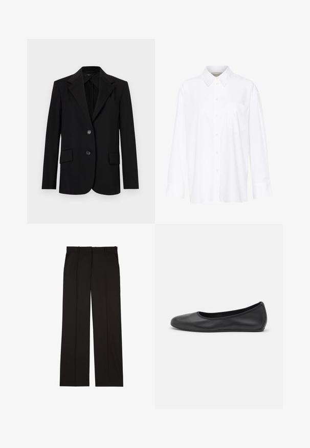 Črn blejzer s strukturiranim dizajnom, z razrezanimi klapami, dvema sprednjima žepoma in dvema gumboma. Narejen iz gladkega materiala z prilagojenim krojem.; Bela dolga majica s kragnico iz bombaža. Ima gumbno zapenjanje spredaj in eno žep na prsih. Gladka tekstura, sproščen kroj.; Črne krojene hlače iz gladkega materiala, s straight-leg obliko in dvema stranskima žepoma. Elegantna in minimalistična zasnova.; Črne usnjene balerinke z zaobljenim nosom, gladko teksturo, minimalnimi šivi in fleksibilno zasnovo podplata.