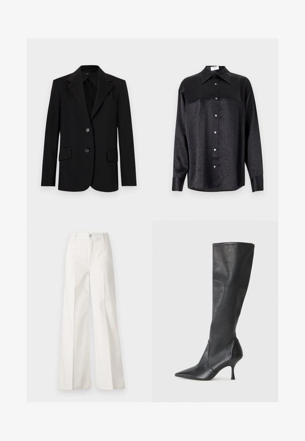 Czarna marynarka o usztywnionej konstrukcji, z klapami w kształcie notcha, dwiema przednimi kieszeniami i dwoma guzikami. Wykonana z gładkiego materiału, o dopasowanym kroju.; Czarna koszula z długim rękawem i kołnierzykiem, o pogniecionej teksturze, z pełnym zapięciem na guziki z przodu oraz mankietami. Wykonana z gładkiego materiału.; Białe spodnie typu wide-leg wykonane z bawełny o gładkiej fakturze. Posiadają zapięcie na guzik z przodu, zamek błyskawiczny oraz cztery kieszenie.; Czarne skórzane botki do kolan z ostrym noskiem i wąskim obcasem w szpilkę. Gładka tekstura z dopasowanym krojem i przeszyciem na górnej krawędzi.