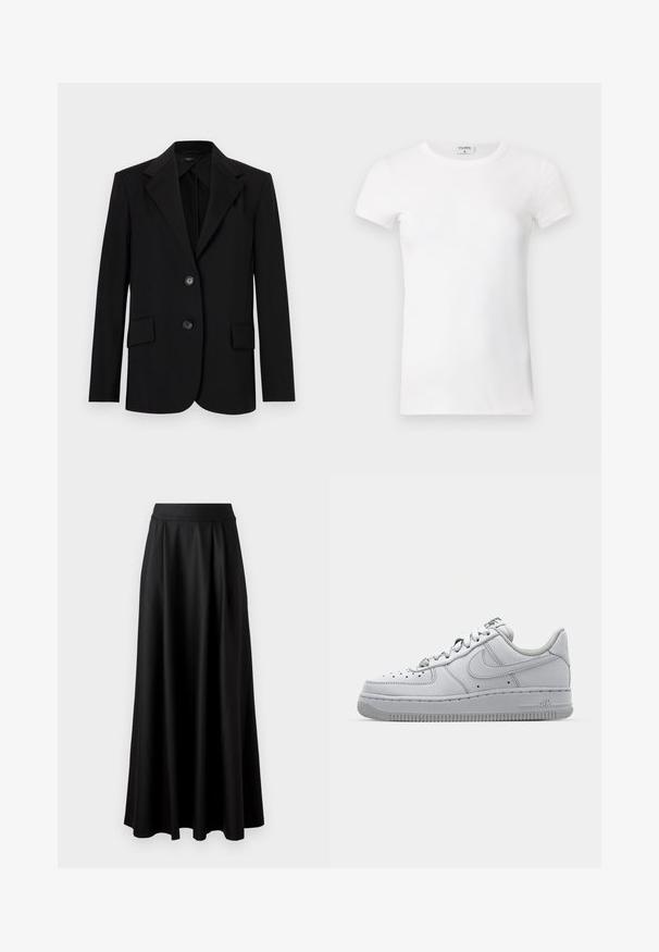 Zwarte blazer met een gestructureerd ontwerp, met notch-revers, twee voorzakken en twee knopen. Gemaakt van een gladde stof met een getailleerde pasvorm.; Wit geribd T-shirt met korte mouwen en een ronde hals. De stof lijkt glad met een getailleerde pasvorm. Logo zichtbaar op de kraag.; Zwarte rok tot op de vloer met een gladde textuur, brede tailleband en geplooid ontwerp, zonder zichtbare patronen of versieringen.; Witte leren sneaker met een low-top ontwerp, ronde neus, geperforeerde details en een getextureerde rubberen zool. Heeft grijze accenten op de tong.
