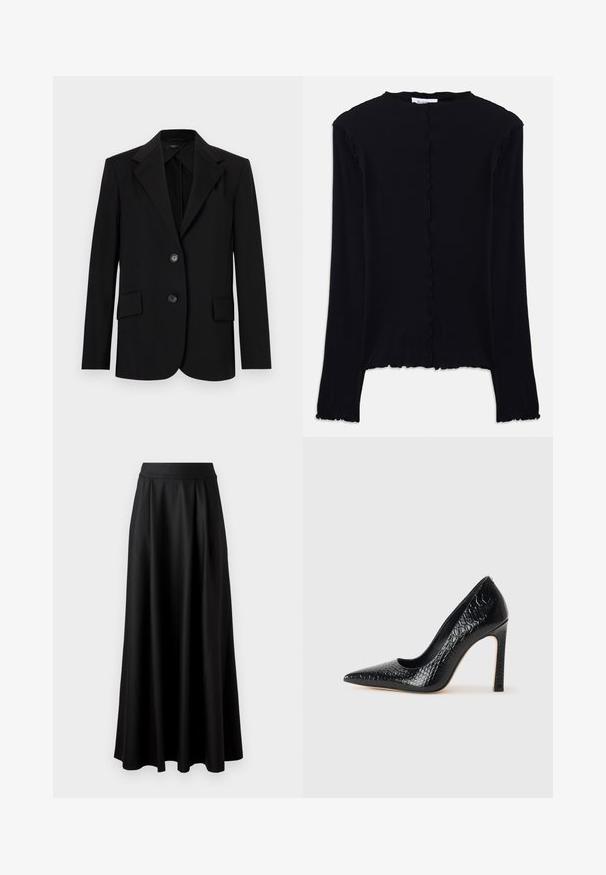 Juodas švarkas su struktūrizuotu dizainu, notch tipo apykaklėmis, dviem priekinėmis kišenėmis ir dviem mygtukais. Pagamintas iš glotnaus audinio, su pritaikytu siluetu.; Juodas ilgomis rankovėmis viršus, pagamintas iš minkštos medžiagos. Patrauklus skeltas iškirpė ir kraštas, su paprastu, prigludusiu dizainu. Nėra papildomų papuošimų.; Juoda, iki žemės tiesi sijonas su lygiu paviršiumi, plačiu juosmeniu ir pūtimo dizainu, be matomų raštų ar puošmenų.; Juoda smailiakulnė aukšto kulno bateliai su krokodilo odos tekstūra, pasižymintys elegantišku dizainu, aukštu stiletu kulnu ir lygia juoda vidine dalimi.
