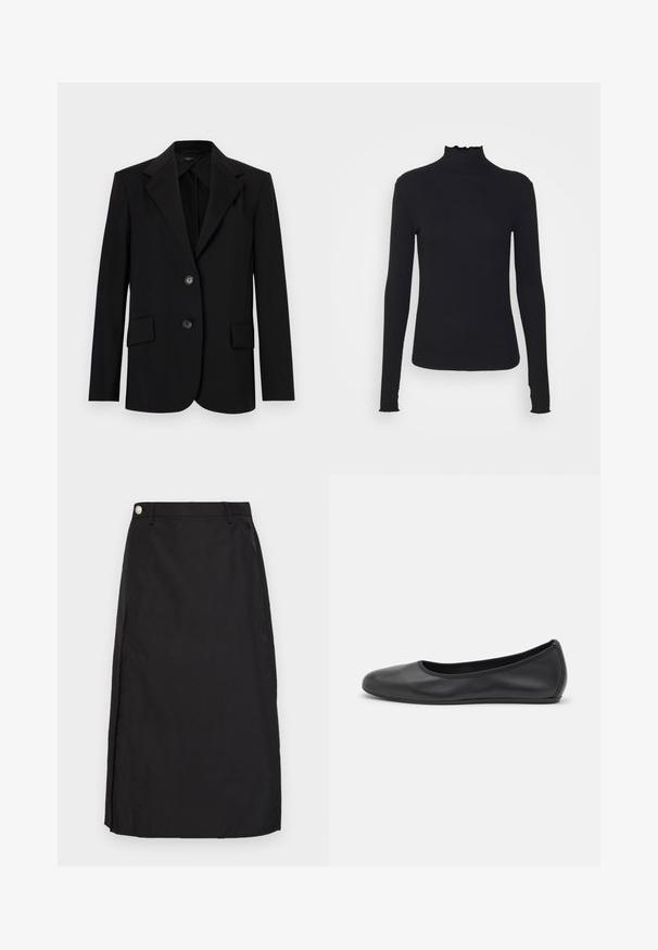 Must mustra mustraga, nurgaklaasiga, kahe esise punkti ja kahe nupuga. Valmistatud siledast kangast ja sobib hästi selga.; Must kannus varrukatega turtleneck, mis on valmistatud siledast kangast, koos rippuvate kraede ja liibuva siluetiga, millel on lihtsad servad.; Mustaline pikkus must seelik, mis on valmistatud siledast kangast. Seelikul on ees lõhik ja metalne nööbid, mis kaunistab vöökohta.; Musthave mustika tantsutossud mustast nahast, ümmarguse varbaga, siledast tekstuurist, minimaalse õmblusdetailiga ja paindliku tallakujundusega.