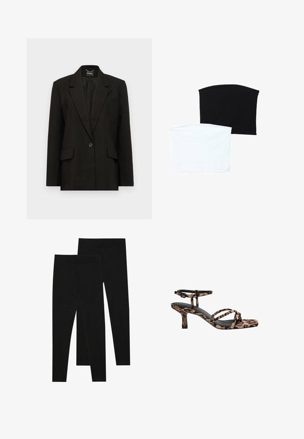 Černé sako s jedním knoflíkem, klopami, dvěma předními kapsami a vyšitým detailem "EXTEND." na spodní straně. Hladká tkanina.; Dvě hladké trubkové šály: jedna černá a jedna bílá. Obě jsou vyrobené z měkké, elastické látky a mají hladký povrch bez vzorů.; Černé legíny vyrobené z elastického materiálu, s bezešvým pasem a slim fit designem, vhodné pro každodenní nošení nebo cvičení.; Sandály na podpatku s leopardím vzorem, čtveratou špičkou, více popruhy a středně vysokým podpatkem. Vyrobeno z měkkého textilního materiálu.