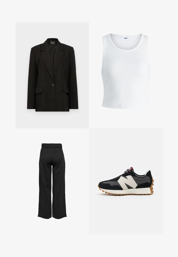 Črn blazer z enim gumbom, z izrezanimi reverji, dvema sprednjima žepoma in vezenim detajlom "EXTEND." na spodnji strani. Gladko blago.; Bela rebrasta majica brez rokavov z okroglim izrezom in krajšo dolžino. Oznaka navaja "JJXX." Gladka tekstura tkanine.; Črne hlače širokega kroja z elastičnim pasom, izdelane iz gladkega materiala. Imajo preprost dizajn brez žepov ali vidnih šivov.; Črne in sive semiš športne copate z velikim kremnim logotipom "N", vijoličastimi vezalkami in teksturiranim gumijastim podplatom.