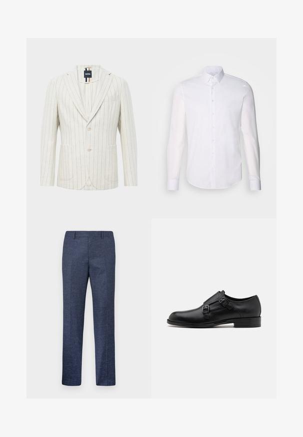 Off-white svārki ar plānām vertikālām zilām svītrām, divi pogas, izgriezums ar noti, divas priekšējās kabatas, viena krūšu kabata un BOSS zīmola etiķete iekšējā apakšējā daļā.; Balta kokvilnas krekla garajām piedurknēm ar pogām, kura dizainā ir klasiskā apkakle, priekšējās pogas un minimālistiska šuvju detaļa.; Jūras zila bikses, izgatavotas no struktūrvielas, ar taisnām kājām, plakanu priekšpusi un divām sānu kabatām. Nav redzamu rakstu vai akcentu.; Melnas ādas kleitas kurpes ar diviem sprādzēm, elegants siluets un apaļš purngals. Iezīmējas ar zemu papēdi un gludu tekstūru.