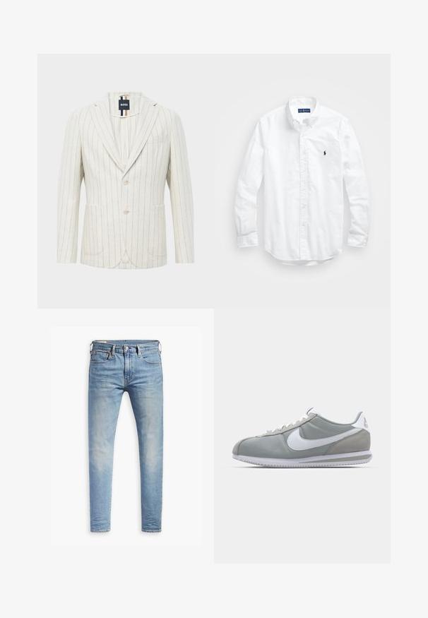 Jasno beżowa marynarka w cienkie, pionowe niebieskie paski, z dwoma guzikami, klapami typu notch, dwoma przednimi kieszeniami, jedną kieszenią na piersi oraz metką marki BOSS wewnątrz kołnierza.; Biała, bawełniana koszula z długim rękawem zapinana na guziki. Posiada klasyczny kołnierzyk, mankiety zapinane na guziki oraz małe, granatowe, haftowane logo na klatce piersiowej.; Jasnoniebieskie, dopasowane dżinsy z lekkim przetarciem na udach, z zapięciem na guziki z przodu, pętelkami na pasek oraz pięcioma kieszeniami, na białym tle.; Szare buty sportowe z cholewką z zamszu i tekstyliów, białym logo Nike i białymi sznurówkami. Posiadają teksturowaną gumową podeszwę i wyściełany kołnierz.