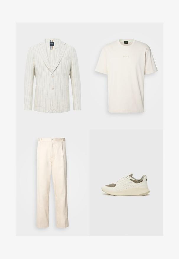 Off-white blejzer s tankimi vertikalnimi modrimi črtami, dvema gumboma, izrezom v ovratniku, dvema sprednjima žepoma, enim žepom na prsih in oznako blagovne znamke BOSS znotraj ovratnika.; BOSS TEE - Navadna majica - open white; Bež cottone hlače s ravnim krojem, ki imajo gumbasto zapiranje in nabore spredaj za dodatne detajle.; Beli in svetlo bež športni copat, s mrežastim zgornjim delom, perforiranimi detajli in teksturirano srednjim delom z blagovno znamko na peti.
