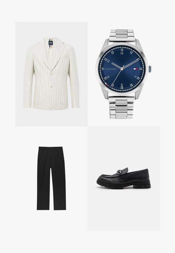 Off-white blazer met dunne verticale blauwe strepen, twee knopen, notch-facings, twee voorzakken, één borstzak en een BOSS label aan de binnenkant van de kraag.; Set van acht zwarte katoenen T-shirts met korte mouwen en een ronde hals, met een eenvoudige uitstraling en een zachte textuur.; Zwarte broeken met een recht model, gemaakt van een gladde stof. Voorzien van een voorplooien en een enkele knoopsluiting bij de taille.; Zwarte leren instapper met een ronde neus, een decoratieve band en hardware, en een chunky, gestructureerde zool. Glad afwerking met subtiele details.; Zilveren metalen horloge met een geborstelde blauwe wijzerplaat, witte uurmarkeringen en een datumweergave. Voorzien van een geschakelde metalen band en het logo van het merk.