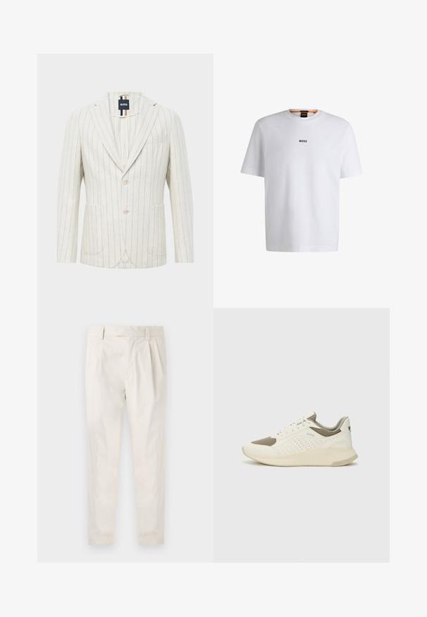 Valkoinen takki ohutviiruilla, joissa on ohuet pystysuorat siniset raidat, kaksi nappia, notched-läppä, kaksi etutaskua, yksi rintatasku ja BOSS-brändilogo kauluksessa.; Valkoinen puuvillapaita lyhyillä hihoilla, jossa on musta "BOSS"-logo keskellä rintaa ja pyöreä pääntie.; Valkoiset, laskostetut housut, joissa on räätälöity istuvuus. Housut ovat sileäpintaiset, niissä on vyölenkit ja kapenevat lahkeet. Ei näkyviä taskuja tai kuvioita.; Valkoinen ja vaaleanbeige urheilukengät, joissa on verkkomateriaali yläosa, rei'itettyjä yksityiskohtia ja teksturoitu välipohja, jossa on brändäys kantapäässä.