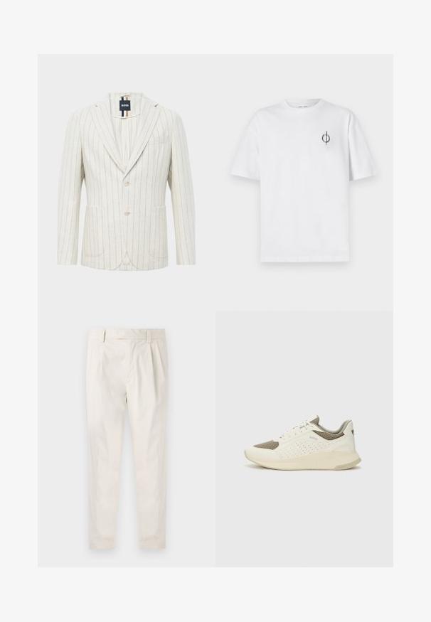 Béžový blejzer s tenkými vertikálnymi modrými pruhmi, na dvoch gombíkoch, s klopovým golierom, dvoma prednými vreckami, jedným vreckom na hrudi a s označením značky BOSS vo vnútri goliera.; Biela bavlnená tričko s voľným strihom, s malým čiernym grafickým logom na ľavej strane hrudníka. Krátke rukávy, okrúhly výstrih.; Biele plisované nohavice s prispôsobeným strihom, s hladkou textúrou, pútkami na opasok a zúženými nohavicami. Žiadne viditeľné vrecká ani vzory.; Biele a svetlo béžové športové tenisky s hornou časťou z mriežkového materiálu, perforovanými detailmi a textúrovanou medzipodrážkou s logom na päte.