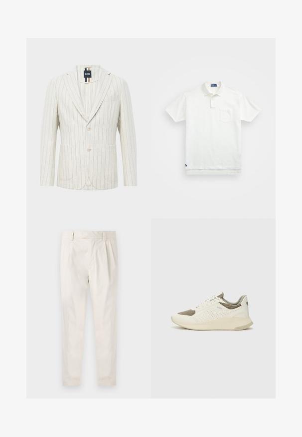 Blazer color avorio con sottili strisce verticali blu, due bottoni, colletto a bavero, due tasche frontali, una tasca sul petto e etichetta del brand BOSS all'interno del colletto.; Polo bianco in cotone, con colletto classico, placca con tre bottoni e taschino sul lato sinistro del petto; piccolo logo sull'orlo.; Pantaloni bianchi plissettati con taglio su misura, caratterizzati da una texture liscia, passanti per la cintura e gambe affusolate. Nessuna tasca o motivo visibile.; Sneaker atletica bianca e beige chiaro, con tomaia in mesh, dettagli perforati e una suola intermedia texturizzata con marchio sul tallone.