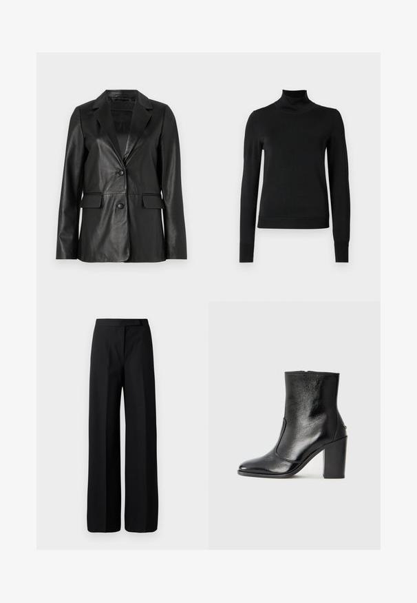 Mustan nahkatakin notched-kauluksella, kahdella etutaskulla, yksittäisellä napitus ja sileällä pinnalla. Muotoiltu istuvuus ja pitkät hihat.; Musta pitkähihaisen pooloneuleen, jossa on ribbikuvioiset hihansuut ja helma, esitetty yksinkertaisella valkoisella taustalla.; Mustat, leveälahkeiset housut, joissa on sileä, mattapintainen tekstuuri. Littee vyötärö, johon ei ole näkyvää metalliosaa tai kuvioita. Yksinkertainen ja tyylikäs muotoilu.; Mustat nahka ankle bootit, joissa on sileä pinta, terävä kärki ja paksu korkea korko. Sivusaumassa on avaus ja muuten yksinkertainen muotoilu.